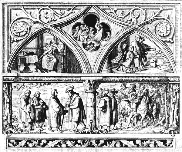 Martin Luther's farewell to his family (left), his woman Katharina, tears, room, Luther's life in danger on the journey (right), Saale, wandering, the Count of Mansfeld receives Luther at the border (below), nobility, retinue, quarrel, reconciliation, greetings, horses, riders, religion, Protestantism, year 1546, 16th century, historical illustration c. 1860