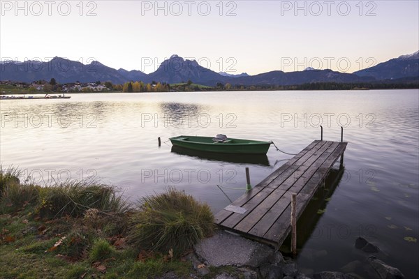 Footbridge at the Hopfensee, fishing boat, AllgÃ¤u Alps, Hopfen am See, OstallgÃ¤u, Bavaria, Germany, Europe