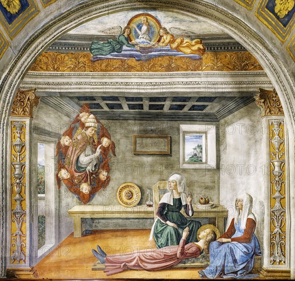 Pope Gregory the Great appears to St. Fina with her nurses on the sickbed, Fina da San Gimignano, patron saint of the town, chapel, Cappella Santa Fina, fresco by Domenico Ghirlandaio, Collegiata di Santa Maria Assunta also Duomo di San Gimignano, San Gimignano, province of Siena, Tuscany, Italy, UNESCO World Heritage Site, Europe