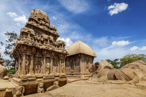 Five Rathas, ancient Hindu monolithic Indian rock-cut architecture. Mahabalipuram, Tamil Nadu, South India