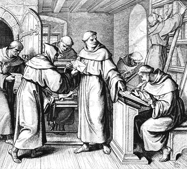 Martin Luther as Vicar General of the Augustinian fraternity, vicar, room, monks, writing, desk, shelf, books, occupation, letter, door, 16th century, historical illustration c. 1860