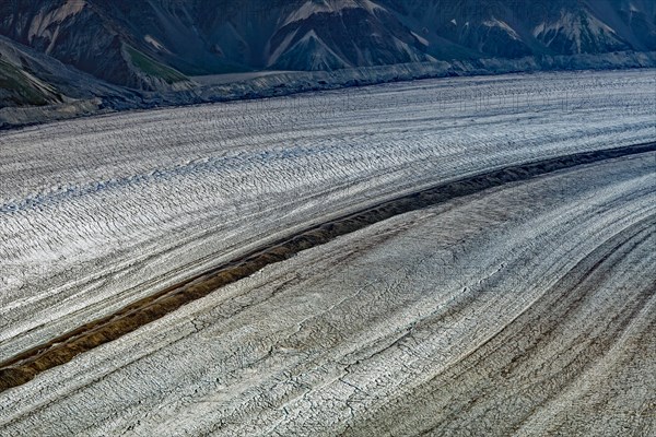 Aerial view of Kaskawulsh Glacier with medial moraine, Kluane Mountains, Yukon Territory, Canada, North America