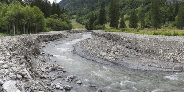 Illegal stream straightening in a nature reserve, Rappenalpbach in the Rappenalptal valley near Oberstdorf, AllgÃ¤u Alps, AllgÃ¤u, Bavaria, Germany, Europe