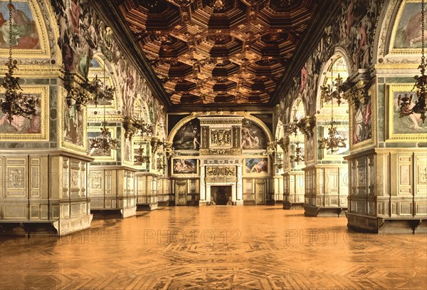 The Gallery of Henry II, at Fontainebleau Castle, Ile-de-France, France, c. 1890, Historic, digitally enhanced reproduction of a photochrome print from 1895, Europe