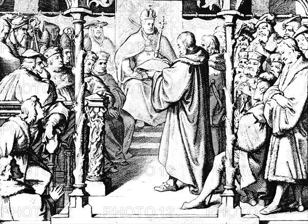 Martin Luther, Presentation of the Augsburg Confession in the Bishop's Seat, Confessio Augustana, Augsburg, Emperor, Wittenberg Reformation, Melanchton, Christian doctrine, Protestantism, religion, Christianity, Latin language, year 1530, 16th century, historical illustration c. 1860