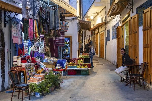 Shops at night in shopping street in medina of the city Tangier, Tanger, Morocco, Africa