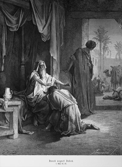 Bible, Isaac blesses Jacob, Genesis, 27, interior, table, jug, curtain, kneeling, view to the courtyard, camel, transport, blessing, Moses, Old Testament, historical illustration 1885