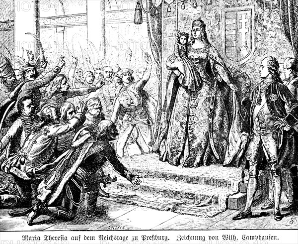 Maria Theresa, Imperial Diet of Bratislava 1741, Hungary, Slovakia, Austria, Kleinking, throne, Empress, speech, jubilation, following, nobility, 18th century, history, historical illustration 1894, Europe