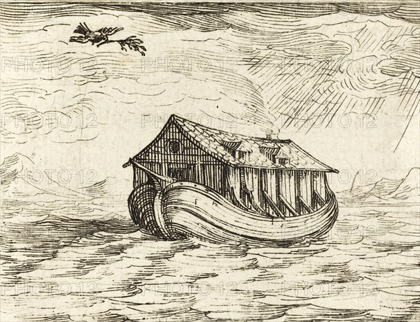 Noah's Ark, according to the biblical book of Genesis, was a buoyant box built by the patriarch Noah, Illustration from 1610, Historic, digitally restored reproduction from an original of the period