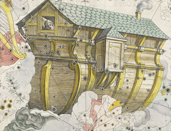 Noah's Ark, Argo Navis or Ship of the Argonauts, from Coelum Stellatum Christianum, Christian Starry Sky, Noah's Ark, according to the biblical book of Genesis, chapters 6-9, was a buoyant box built by the patriarch Noah, Historic, digitally restored reproduction from an original of the time