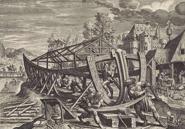 Building Noah's Ark, According to the biblical book of Genesis, Noah's Ark was a buoyant box built by the patriarch Noah, Illustration from 1586, Historic, digitally restored reproduction from an original of the time