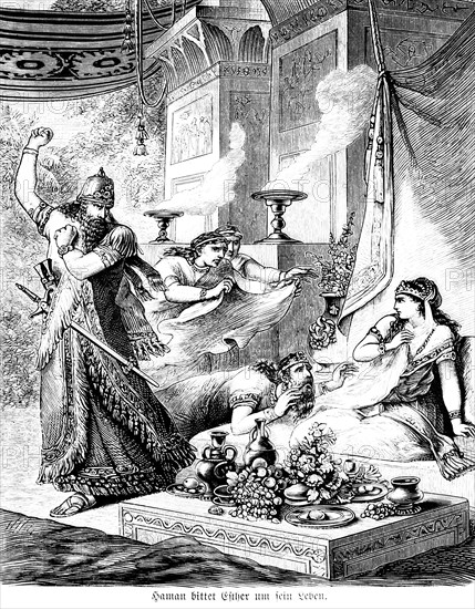 Hamam asks Esther for his life, palace at Susa, room, Jewish life, anger, ruler, plead, enemy, traitor, fear, important woman, story, table, fruit, curtain, smoke, drink, food, death sentence, rejection, historical illustration 1894