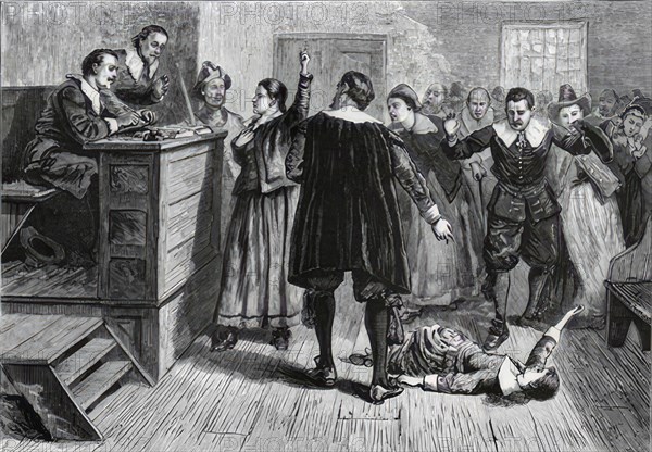 Witch trial, the accused witch has fainted in the courtroom, c. 1800, France, Historic, digitally restored reproduction from an original of the period, Europe