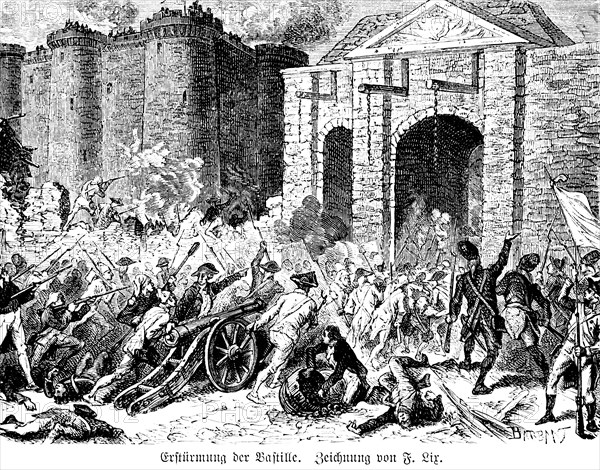 Marie Antoinette, 1789 storming of the Bastille, Queen Marie Antoinette, Versailles, cannons, soldiers, city wall, revolution, flag, 18th century, history, historical illustration 1894