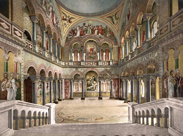 The Throne Room, Throne Hall, in Neuschwanstein Castle, Bavaria, Historic, digitally enhanced reproduction of a photochrome print from 1898