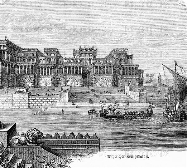 Assyrian Royal Palace, Assyrian Empire, river, sailing ship, galley, lion statue, pageantry, shore, steps, important woman of the past, history, historical illustration 1894