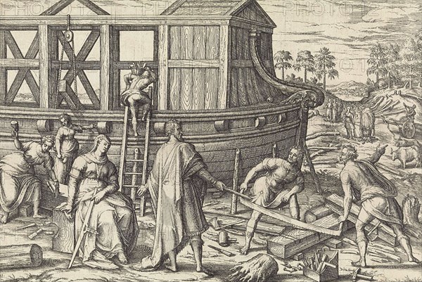 Noah builds the ark, According to the biblical book of Genesis, Noah's ark was a buoyant box built by the patriarch Noah, 17th century illustration, Historic, digitally restored reproduction from an original of the period