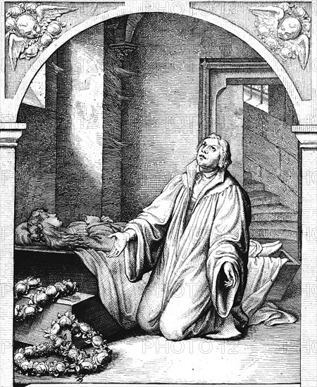 Martin Luther at the coffin of his young 14 year old daughter Magdalene, room, family, light, stairs, view, wreath, mourning, despair, faith, religion, Protestantism, year 1542, 16th century, historical illustration c. 1860