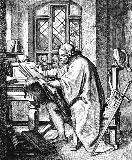 Martin Luther begins the translation of the Bible at Wartburg Castle, chamber, hiding place, knight George, disguise, Hebrew Bible, Greek Bible, sword, chair, table, window, books, cloak, 16th century, historical illustration c. 1860