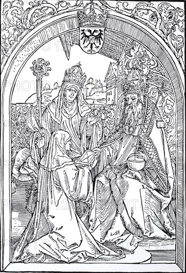 Illustration to the Opera Hrosvitae, Roswitha presents her works to Emperor Otto I in the presence of her niece Gerba, Abbess of Gandersheim, woodcut by Albrecht Dürer, historical, digital improved reproduction of an old woodcut