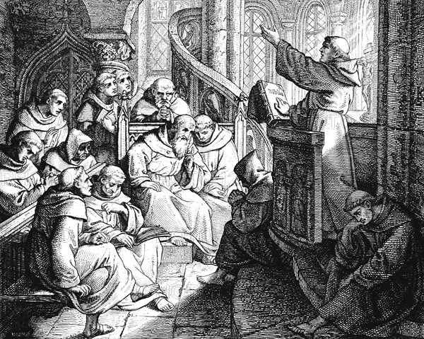 Martin Luther preaching in the monastery in front of Staupitz to other monks as a preparatory exercise for the castle and city church, Germany, Torgau, monastery, room, monks, audience, 16th century, historical illustration around 1860, Europe