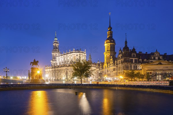 Semper Opera House, Court Church, Residence Palace, Hausmann Tower, King John Monument and Schinkel Guard at Theaterplatz during rain, Dresden, Saxony, Germany, Europe