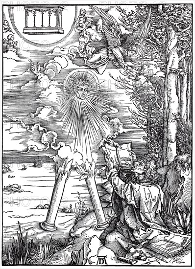 Picture cycle The Apocalypse, John devours the book, woodcut by Albrecht Dürer, historical, digital improved reproduction of an old woodcut