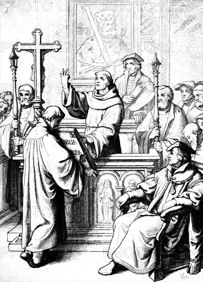 Martin Luther is solemnly conferred the degree of Doctor of Holy Scripture by Karlstadt in 1512, Germany, academic doctorate, cross, space, ceremony, university, dignity, 16th century, historical illustration c. 1860, Europe