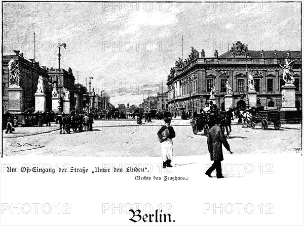 At the east entrance of the street Unter den Linden, Berlin, boulevard, horse-drawn carriages, traffic, houses, many people, armoury, statues, Germany, historical illustration around 1989, Europe