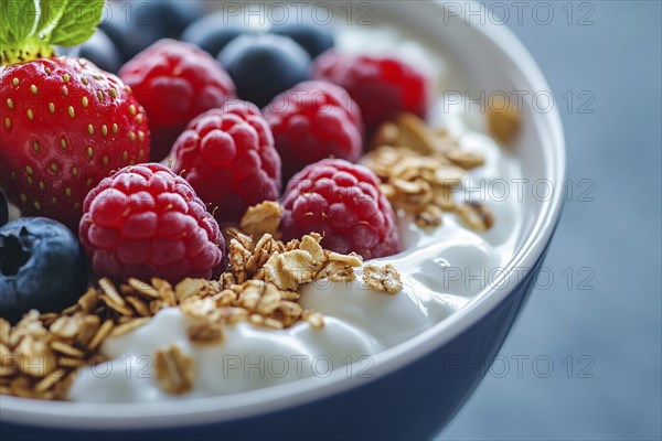 Close up of healthy breakfast bowl with yoghurt, granola, strawberry, raspberry and blackberry. Generative Ai, AI generated