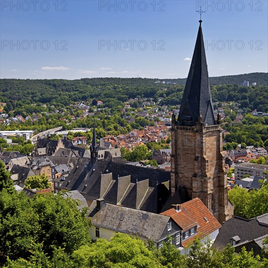 Elevated view of the Lutheran Parish Church of St. Mary, also known as the Stadtpfarrkirche, Marburg an der Lahn, Hesse, Germany, from the Schlossberg, Europe