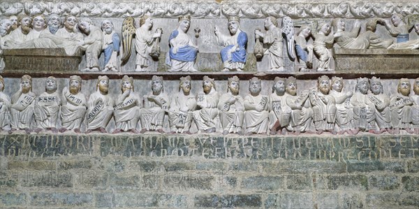 Detail, Romanesque rood screen with ancestors of Jesus, above it the death and coronation of Mary, Abbazia Santa Maria di Vezzolano, Albugnano, Province of Asti, Monferrato, Piedmont, Italy, Europe