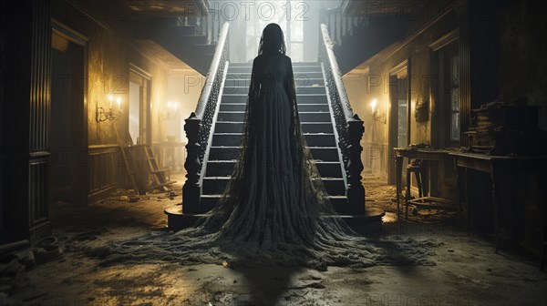 Eerie haunting ghostly silhouetted female figure in front of stairs in a haunting abandoned spooky house on halloween night, generative AI