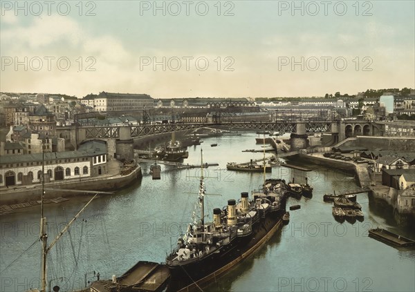 The Port Militaire and the swing bridge, Brest, France, c. 1890, Historic, digitally enhanced reproduction of a photochrome print from 1895, Europe