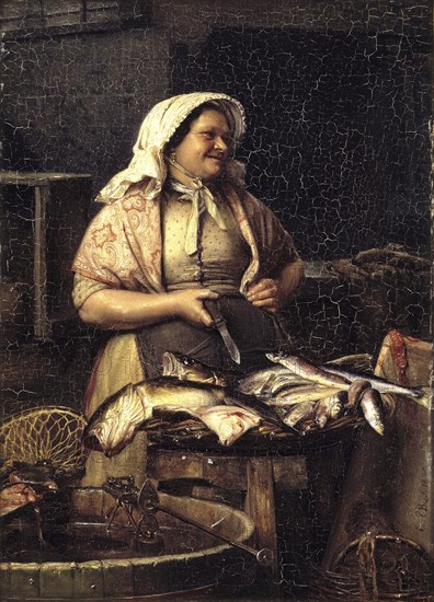 A Woman Selling Fish, Fishmonger, 1875, Painting by Carl Bloch, Historic, Digitally enhanced reproduction of an original from the period