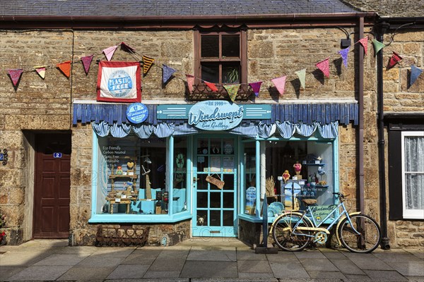 Decorated façade, gift shop, town centre arts and crafts, traditional Lafrowda Festival, St Just in Penwith, Cornwall, England, United Kingdom, Europe