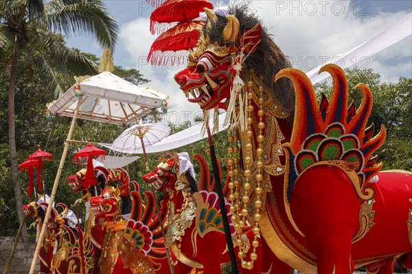 In the cremation ground, the colourful sarcophagi at a corpse cremation (Ngaben), Ubud, Bali, Indonesia, Asia