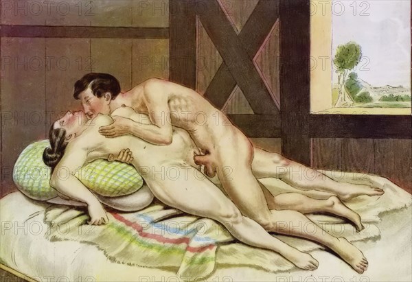 Lovers having sex in a barn, erotic watercolour by Peter Johann Nepomuk Geiger (11 January 1805) (29 October 1880), an Austrian painter and draughtsman, Historic, digitally restored reproduction from an original of the period