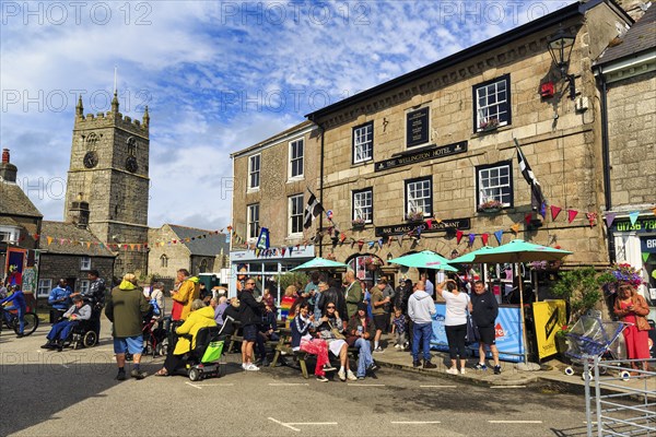 Crowd in town centre, traditional Lafrowda Festival 2023, St Just in Penwith, Cornwall, England, United Kingdom, Europe