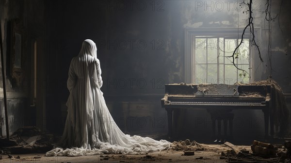 Mysterious and spooky female figure covered in sheer garment standing next to an old dusty piano in an abandoned house, generative AI