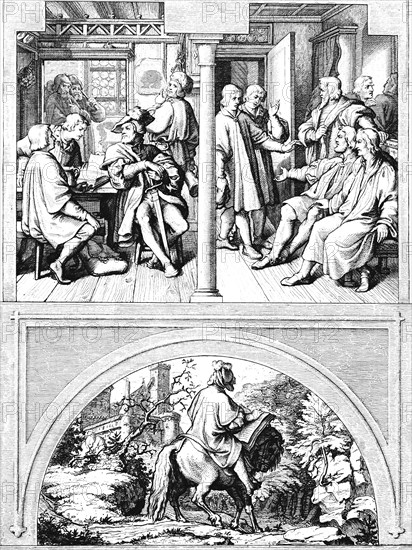 Martin Luther and the Swiss students in the inn, Jena (top left), Luther in the circle of Wittenberg friends (top right), Luther riding away from the Wartburg (bottom), town of Wittenberg, horse, castle, landscape, Bible, 16th century, historical illustration c. 1860