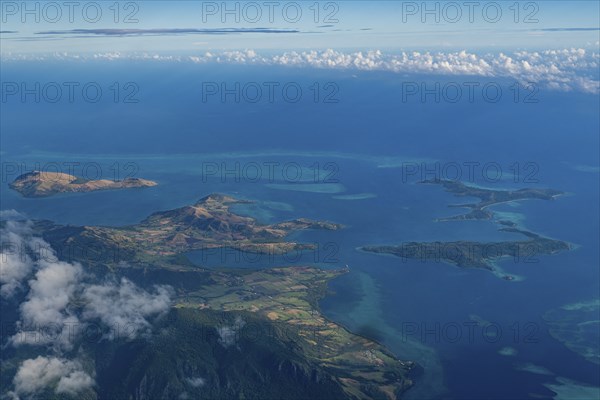 Aerial of little islets of the coast of Viti Levu, Fiji, South Pacific, Oceania