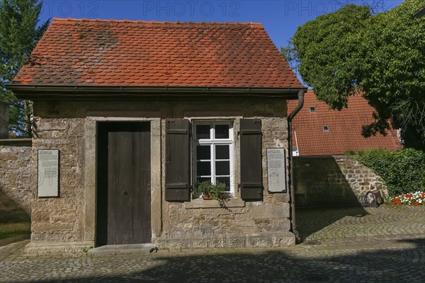 Gomaringen Castle, former bakehouse and washhouse, prison in the castle courtyard, Gustav Schwab Museum, historic building, architecture, small house, windows, shutters, wooden door, Gomaringen, Baden-Württemberg, Germany, Europe