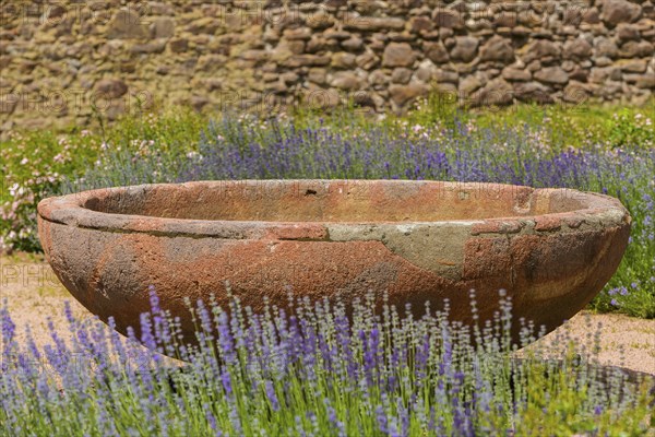 DEU Saxony Klosterbuch Area of the former cloister with Romanesque fountain bowl in the Kreugarten Buch Monastery is a former Cistercian monastery founded as St. Mary's Monastery in the 12th century. After the Reformation, it and its lands became a purely agricultural enterprise