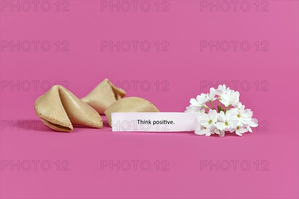 Positive thinking concept with fortune cookies with motivational text saying Think positive on pink background