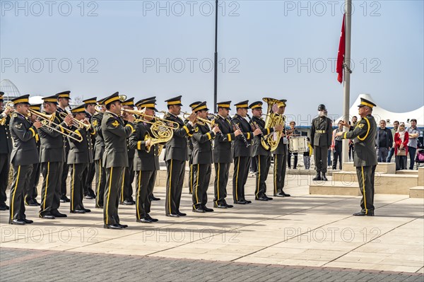 Military band of Turkish soldiers at the monument to Kemal Atatürk on the promenade in Kyrenia or Girne, Turkish Republic of Northern Cyprus