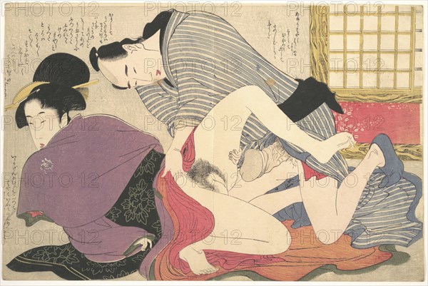 Eroticism in Japan in the 19th century, Illustration of a couple having sex, Historic, digitally restored reproduction from an original of the time