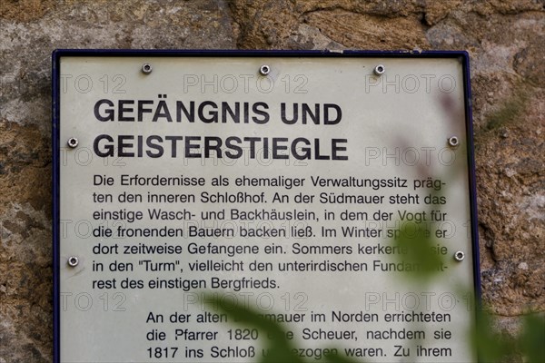 Gomaringen Castle, information board on former bakehouse and washhouse, prison in castle courtyard, history, letters, writing, text, Gomaringen, Baden-Württemberg, Germany, Europe