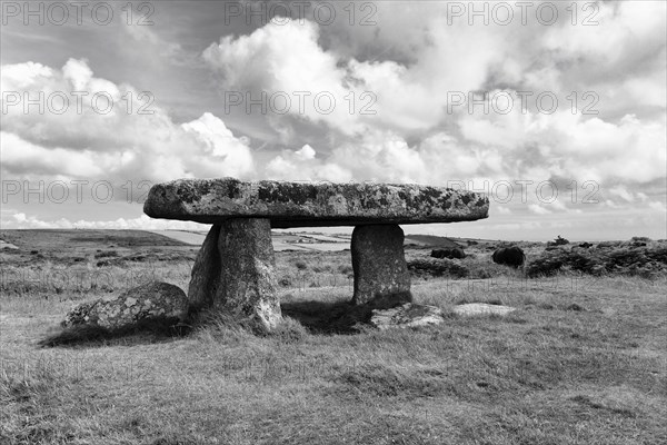 Portal tomb Lanyon Quoit, Neolithic dolmen in a meadow, monochrome, Penzance, Cornwall, England, Great Britain