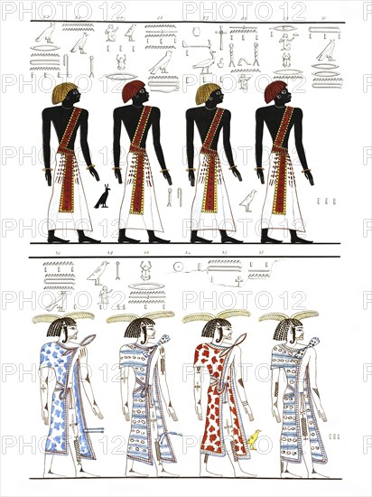 The different types of people known to the Egyptians, depicted in the tomb of Menphtah I. The first are the Egyptians themselves, and all are succeeded by the god Horus, the guardian of the human race. The Monuments of Egypt and Nubia, Drawn by the Tuscan Scientific-Literary Expedition to Egypt, Illustrated by Doctor Ippolito Rosellini, Historical, digitally restored reproduction from an original of the period